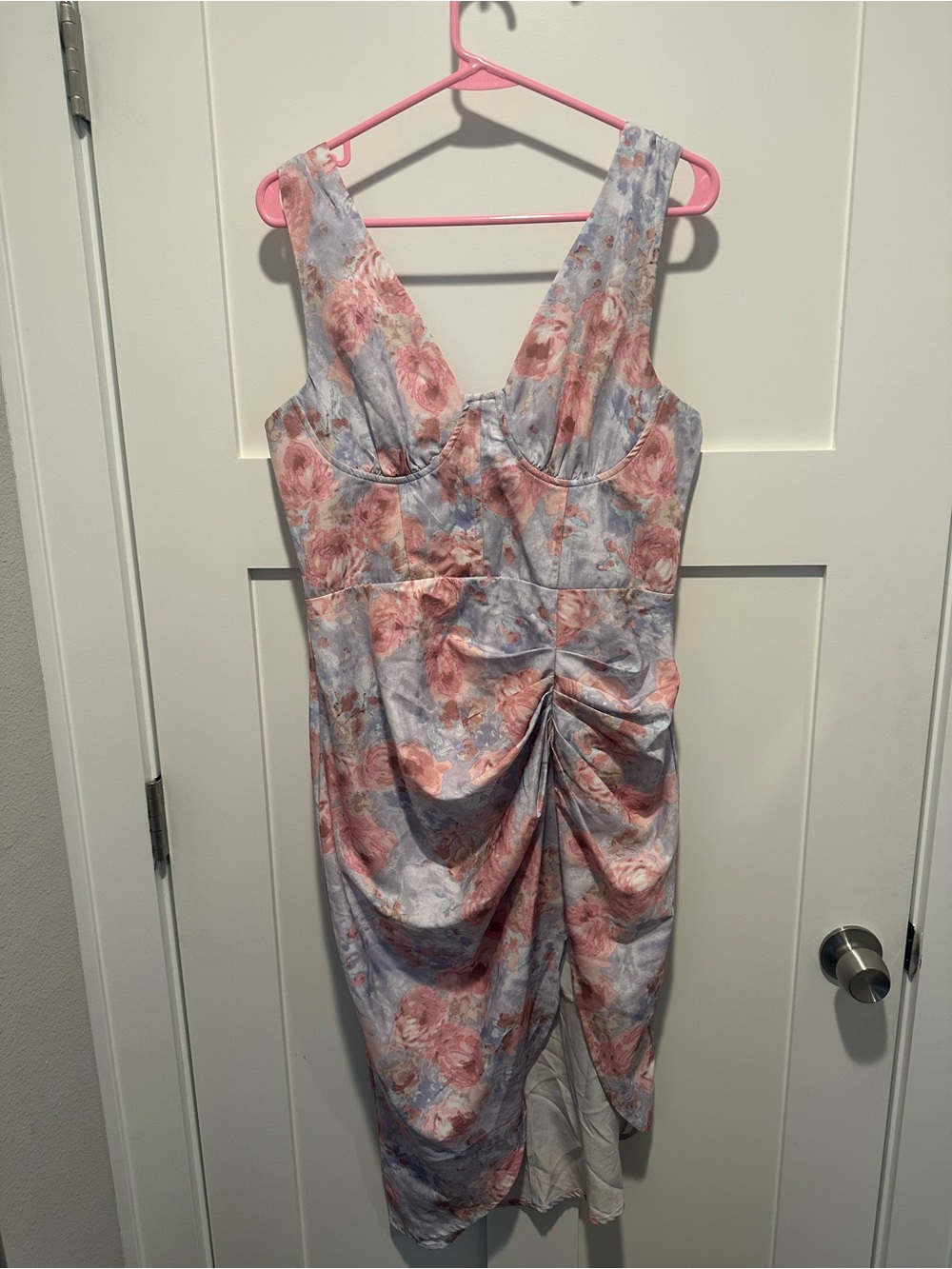 Cider Pink and Lavender Floral Ruched Midi Dress